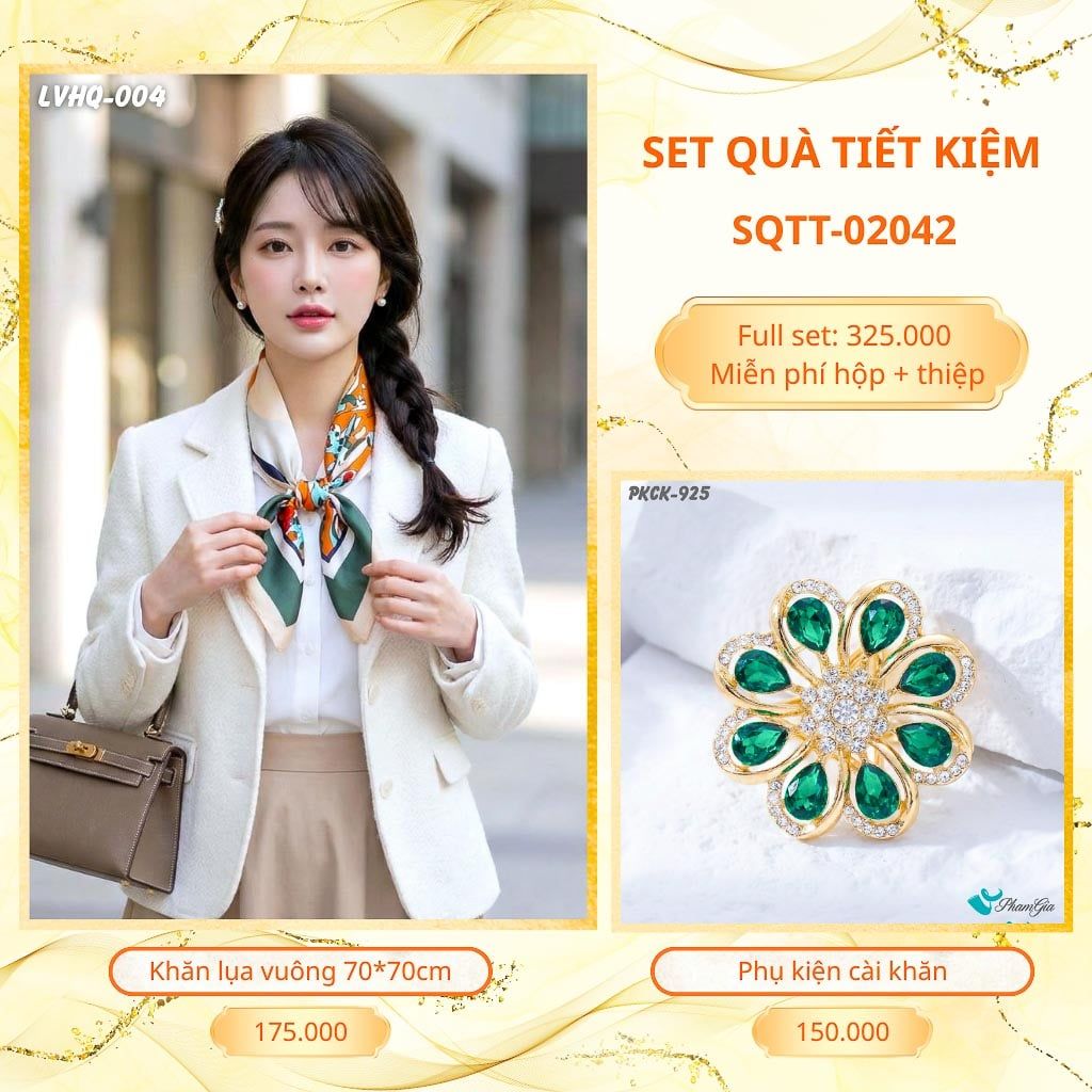 Set Quà Tặng Khăn Lụa Vuông 70*70cm Và Phụ Kiện Cài Khăn Tiết Kiệm (SQTT02042)