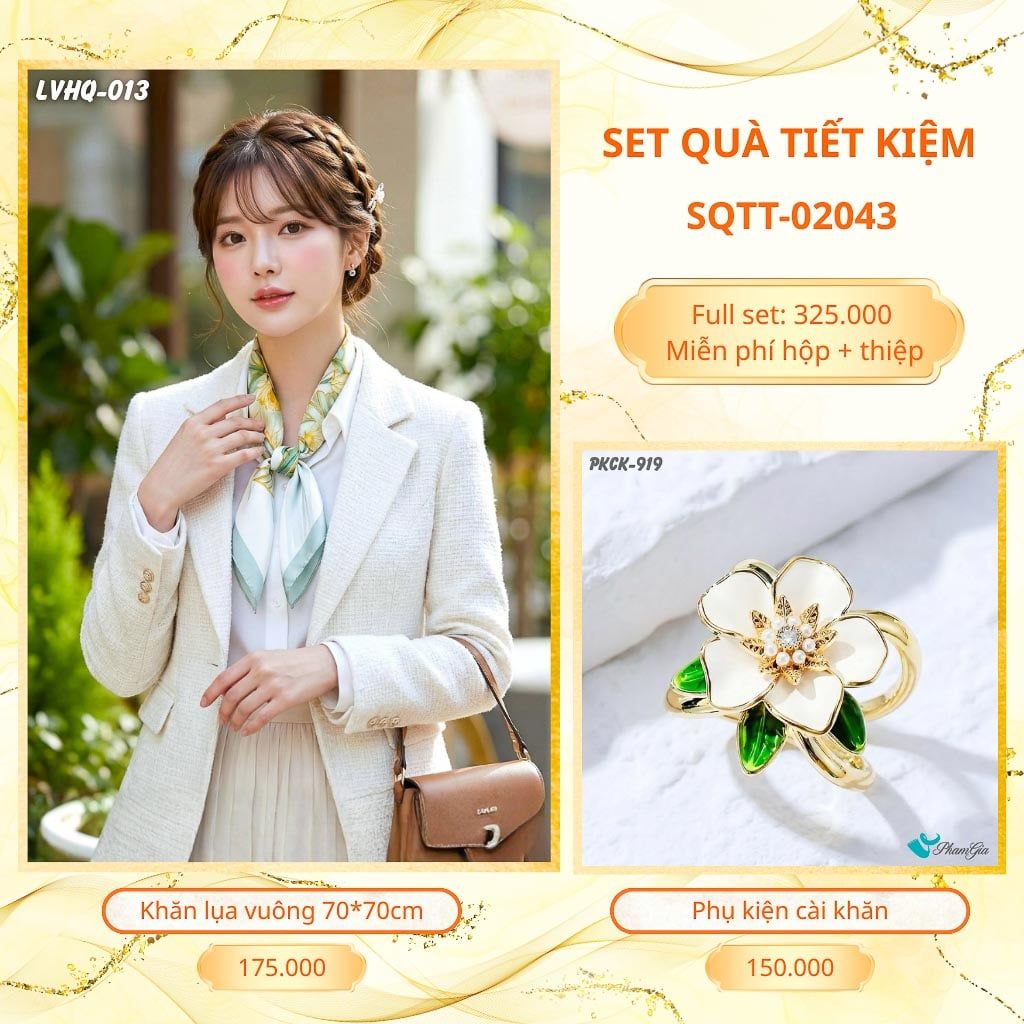 Set Quà Tặng Khăn Lụa Vuông 70*70cm Và Phụ Kiện Cài Khăn Tiết Kiệm (SQTT02043)