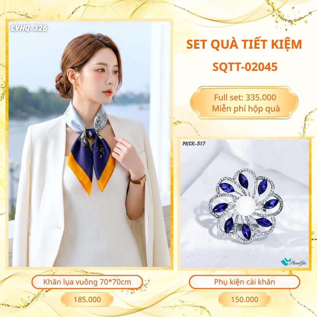 Set Quà Tặng Khăn Lụa Vuông 70*70cm Và Phụ Kiện Cài Khăn Tiết Kiệm (SQTT02045)