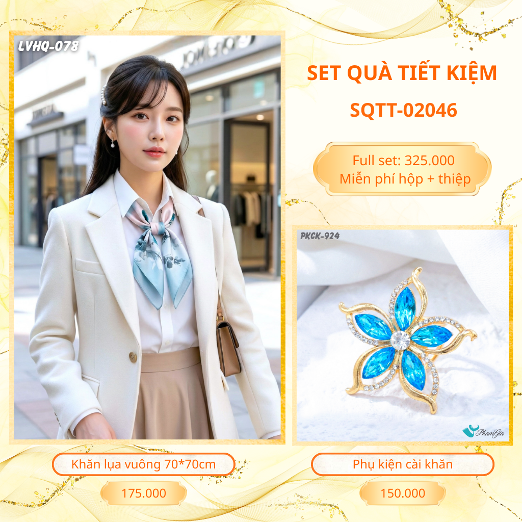 Set Quà Tặng Khăn Lụa Vuông 70*70cm Và Phụ Kiện Cài Khăn Tiết Kiệm (SQTT02046)