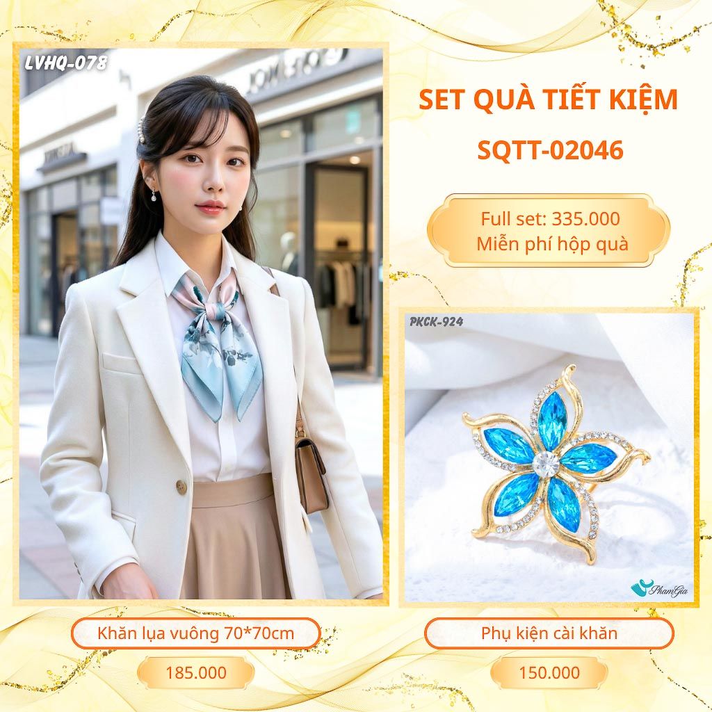 Set Quà Tặng Khăn Lụa Vuông 70*70cm Và Phụ Kiện Cài Khăn Tiết Kiệm (SQTT02046)