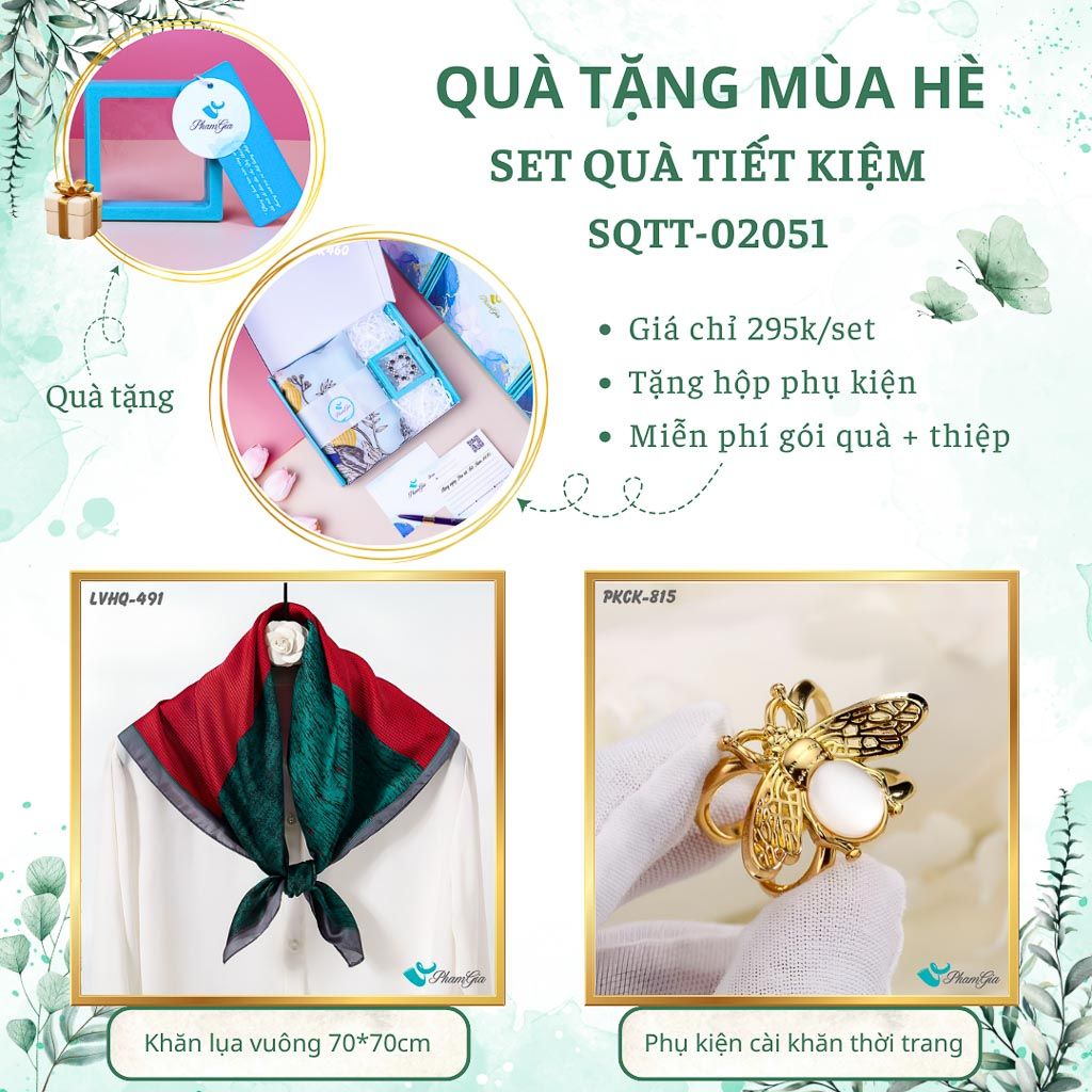 Quà Tặng Mùa Hè - Set Quà Tặng Khăn Lụa Vuông 70*70cm Và Phụ Kiện Cài Khăn Tiết Kiệm (SQTT02051)