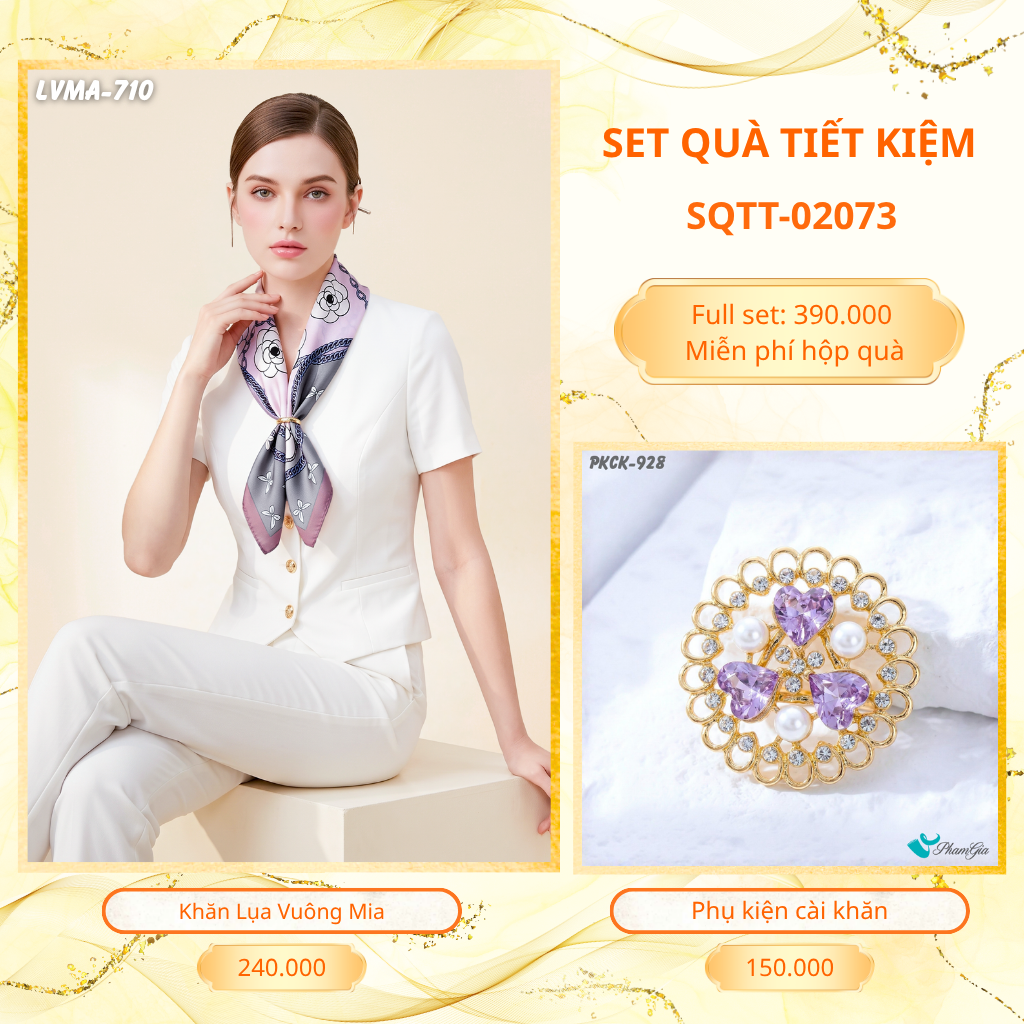 Set Quà Tặng Khăn Lụa Vuông 70*70cm Và Phụ Kiện Cài Khăn Tiết Kiệm (SQTT02073)