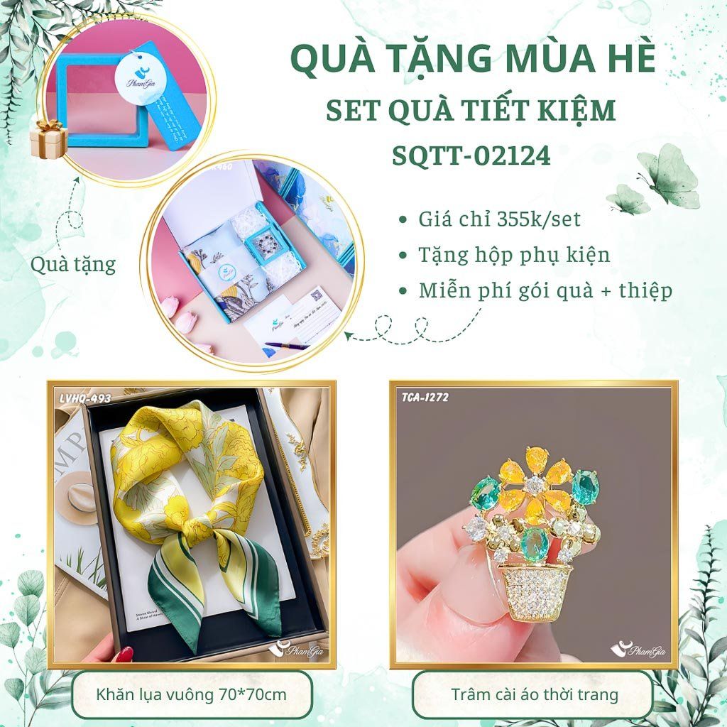 Quà Tặng Mùa Hè - Set Quà Tặng Khăn Lụa Vuông 70*70cm Và Ghim Cài Áo Tiết Kiệm (SQTT02124)