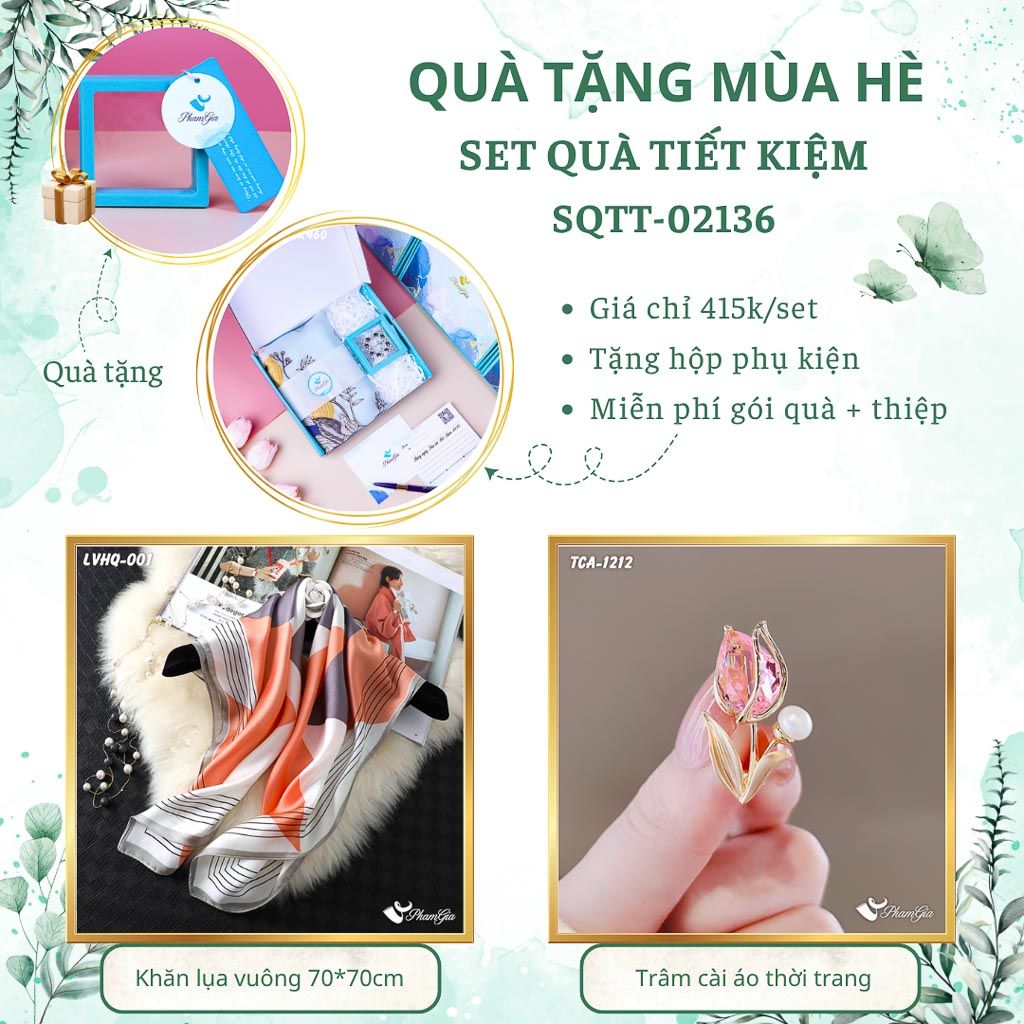 Quà Tặng Mùa Hè - Set Quà Tặng Khăn Lụa Vuông 70*70cm Và Ghim Cài Áo Tiết Kiệm (SQTT02136)