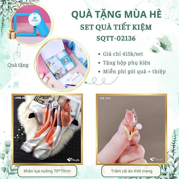 Quà Tặng Mùa Hè - Set Quà Tặng Khăn Lụa Vuông 70*70cm Và Ghim Cài Áo Tiết Kiệm (SQTT02136)