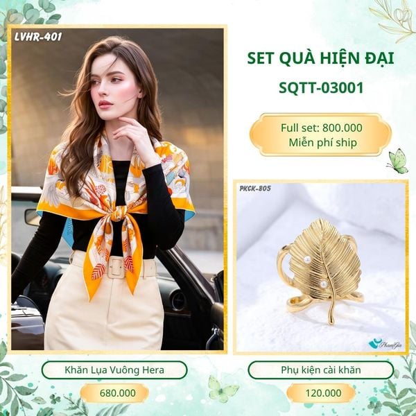 Set Quà Tặng Khăn Lụa Vuông 90*90cm Và Phụ Kiện Cài Khăn Hiện Đại (SQTT03001)