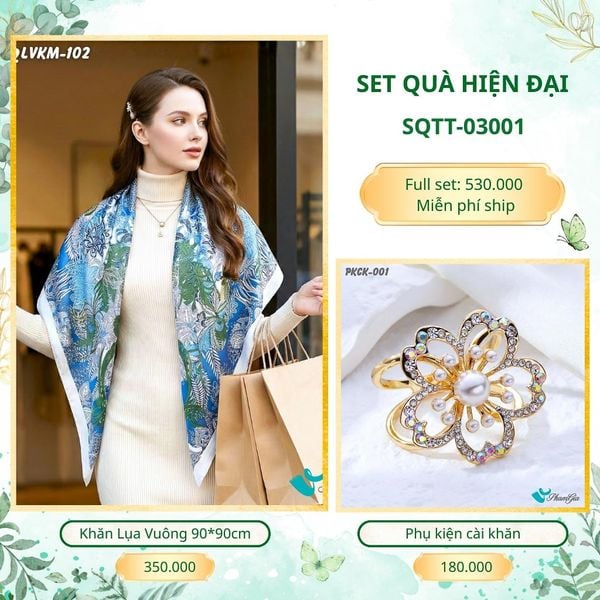 Set Quà Tặng Khăn Lụa Vuông 90*90cm Và Phụ Kiện Cài Khăn Hiện Đại (SQTT03001)