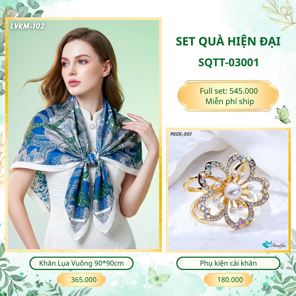 Set Quà Tặng Khăn Lụa Vuông 90*90cm Và Phụ Kiện Cài Khăn Hiện Đại (SQTT03001)
