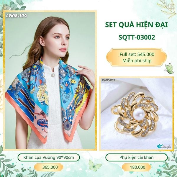 Set Quà Tặng Khăn Lụa Vuông 90*90cm Và Phụ Kiện Cài Khăn Hiện Đại (SQTT03002)