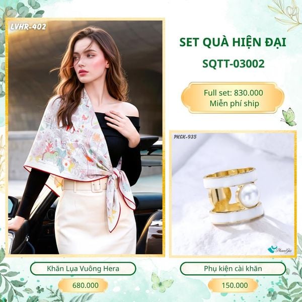 Set Quà Tặng Khăn Lụa Vuông 90*90cm Và Phụ Kiện Cài Khăn Hiện Đại (SQTT03002)