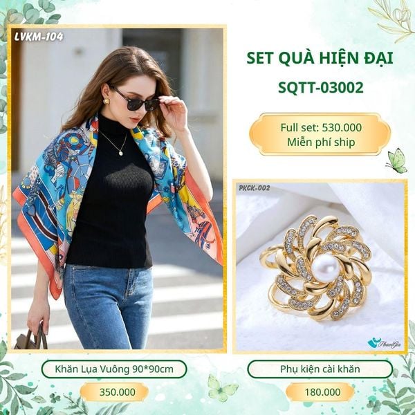 Set Quà Tặng Khăn Lụa Vuông 90*90cm Và Phụ Kiện Cài Khăn Hiện Đại (SQTT03002)
