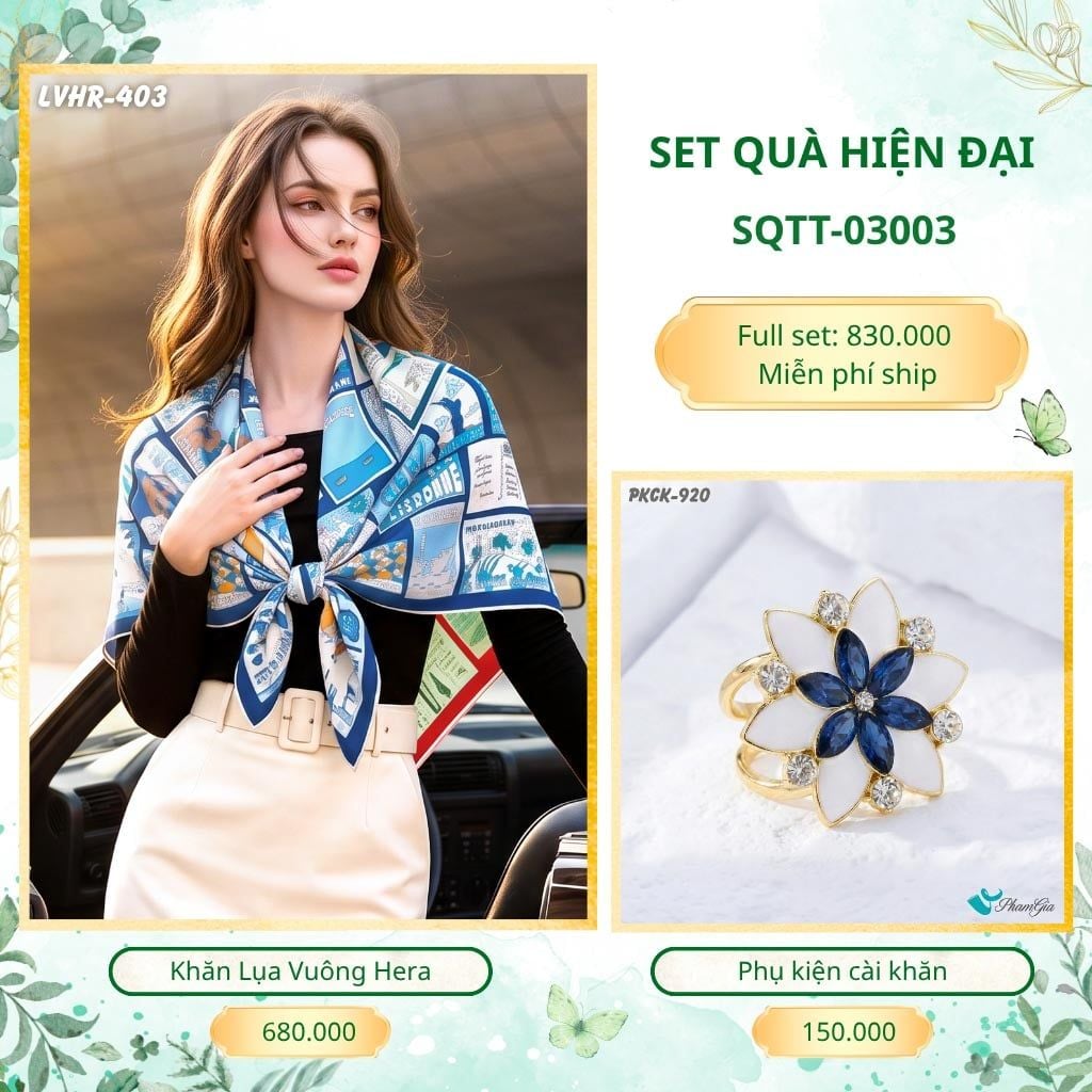 Set Quà Tặng Khăn Lụa Vuông 90*90cm Và Phụ Kiện Cài Khăn Hiện Đại (SQTT03003)