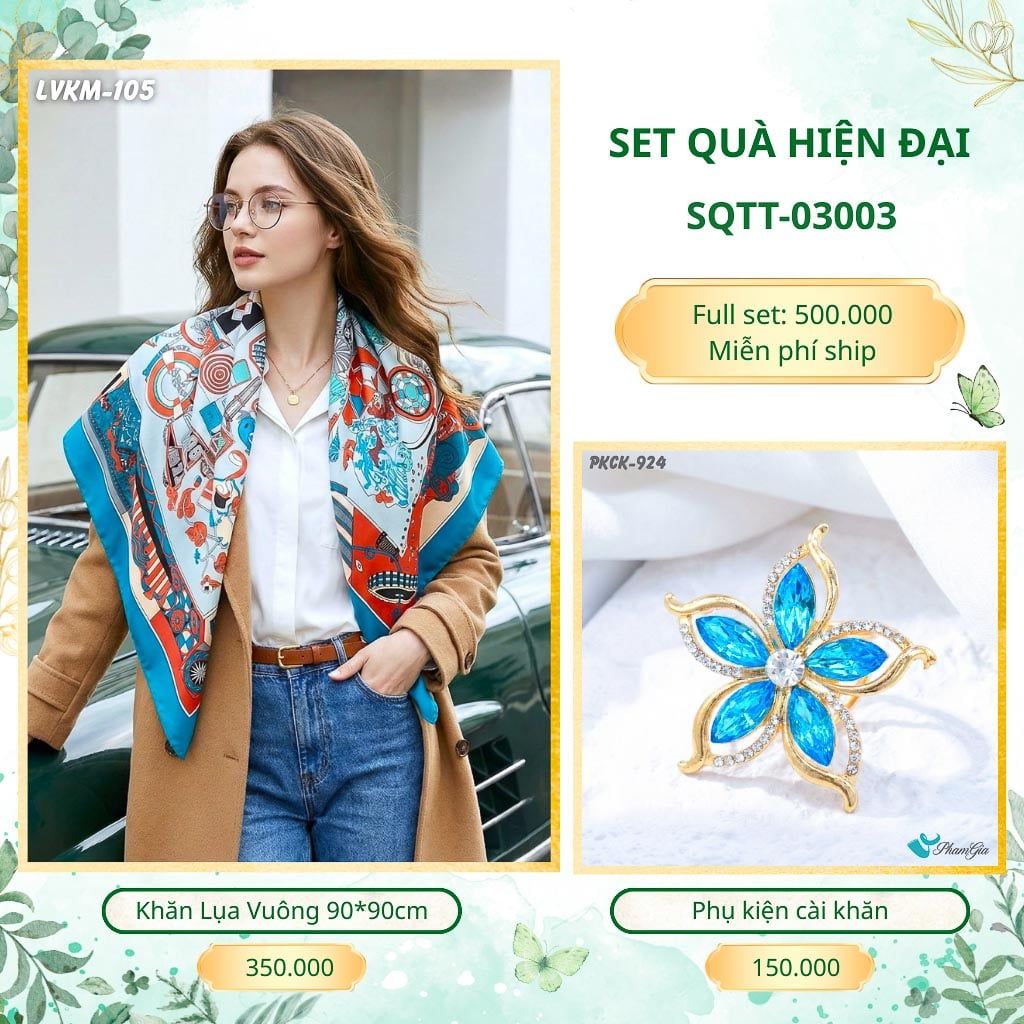Set Quà Tặng Khăn Lụa Vuông 90*90cm Và Phụ Kiện Cài Khăn Hiện Đại (SQTT03003)