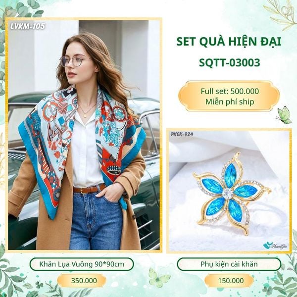 Set Quà Tặng Khăn Lụa Vuông 90*90cm Và Phụ Kiện Cài Khăn Hiện Đại (SQTT03003)