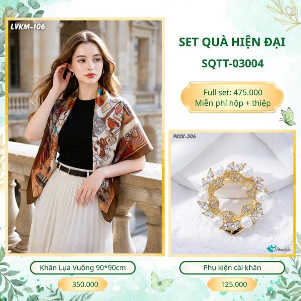 Set Quà Tặng Khăn Lụa Vuông 90*90cm Và Phụ Kiện Cài Khăn Hiện Đại (SQTT03004)