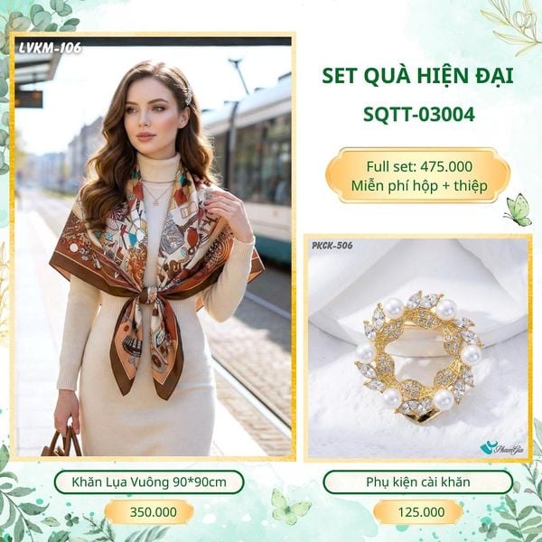 Set Quà Tặng Khăn Lụa Vuông 90*90cm Và Phụ Kiện Cài Khăn Hiện Đại (SQTT03004)
