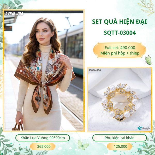 Set Quà Tặng Khăn Lụa Vuông 90*90cm Và Phụ Kiện Cài Khăn Hiện Đại (SQTT03004)