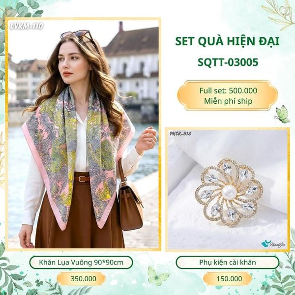Set Quà Tặng Khăn Lụa Vuông 90*90cm Và Phụ Kiện Cài Khăn Hiện Đại (SQTT03005)