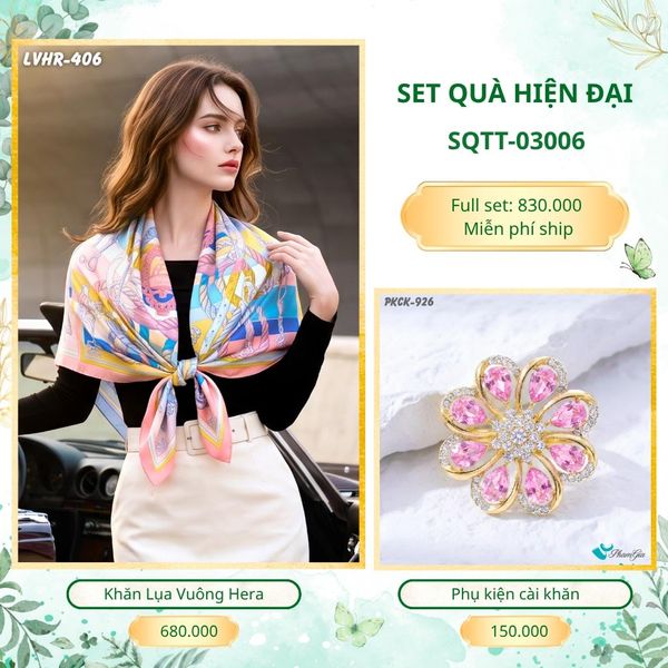 Set Quà Tặng Khăn Lụa Vuông 90*90cm Và Phụ Kiện Cài Khăn Hiện Đại (SQTT03006)