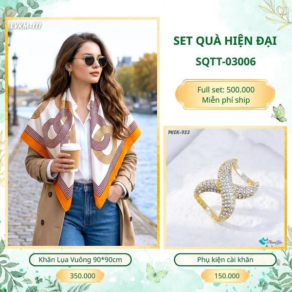 Set Quà Tặng Khăn Lụa Vuông 90*90cm Và Phụ Kiện Cài Khăn Hiện Đại (SQTT03006)