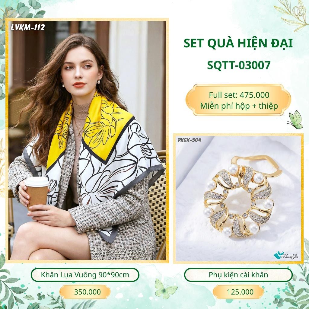 Set Quà Tặng Khăn Lụa Vuông 90*90cm Và Phụ Kiện Cài Khăn Hiện Đại (SQTT03007)