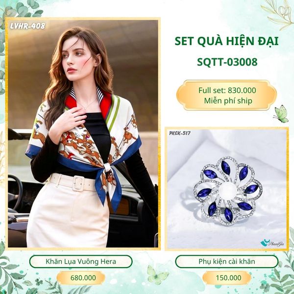 Set Quà Tặng Khăn Lụa Vuông 90*90cm Và Phụ Kiện Cài Khăn Hiện Đại (SQTT03008)