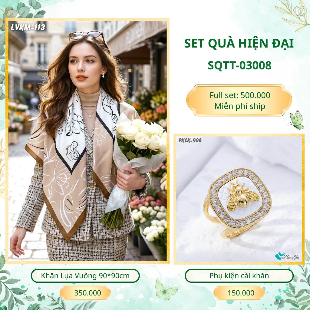 Set Quà Tặng Khăn Lụa Vuông 90*90cm Và Phụ Kiện Cài Khăn Hiện Đại (SQTT03008)