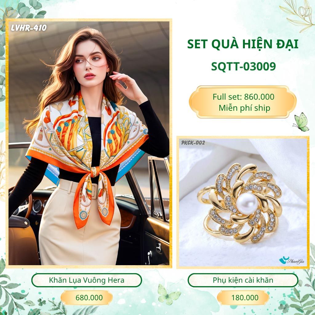 Set Quà Tặng Khăn Lụa Vuông 90*90cm Và Phụ Kiện Cài Khăn Hiện Đại (SQTT03009)