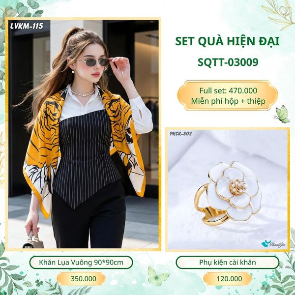 Set Quà Tặng Khăn Lụa Vuông 90*90cm Và Phụ Kiện Cài Khăn Hiện Đại (SQTT03009)
