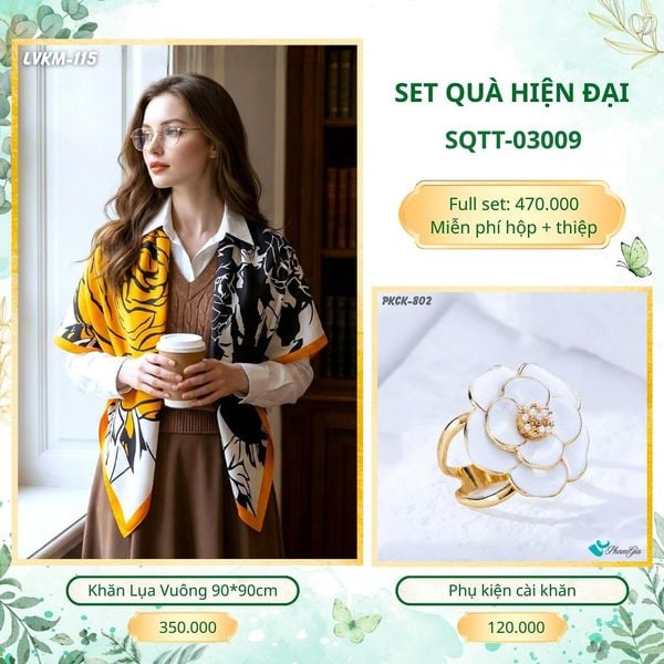 Set Quà Tặng Khăn Lụa Vuông 90*90cm Và Phụ Kiện Cài Khăn Hiện Đại (SQTT03009)
