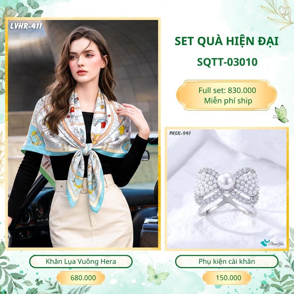 Set Quà Tặng Khăn Lụa Vuông 90*90cm Và Phụ Kiện Cài Khăn Hiện Đại (SQTT03010)