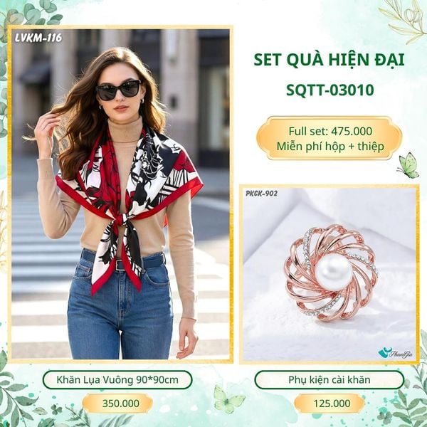 Set Quà Tặng Khăn Lụa Vuông 90*90cm Và Phụ Kiện Cài Khăn Hiện Đại (SQTT03010)