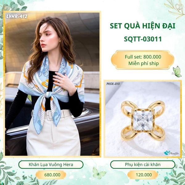 Set Quà Tặng Khăn Lụa Vuông 90*90cm Và Phụ Kiện Cài Khăn Hiện Đại (SQTT03011)