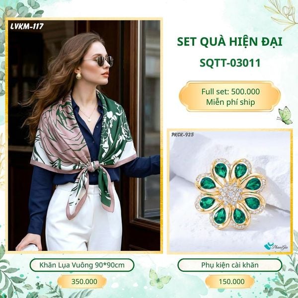 Set Quà Tặng Khăn Lụa Vuông 90*90cm Và Phụ Kiện Cài Khăn Hiện Đại (SQTT03011)