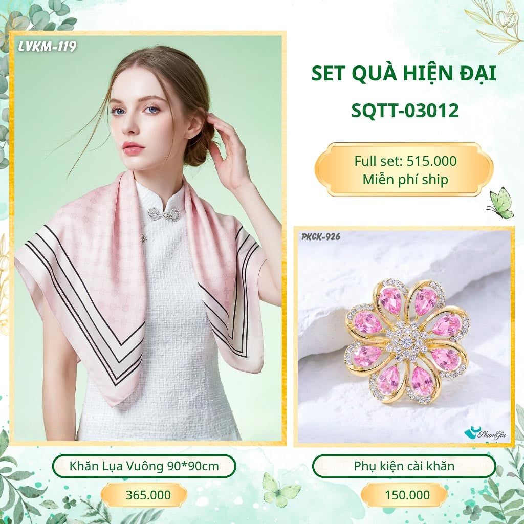 Set Quà Tặng Khăn Lụa Vuông 90*90cm Và Phụ Kiện Cài Khăn Hiện Đại (SQTT03012)