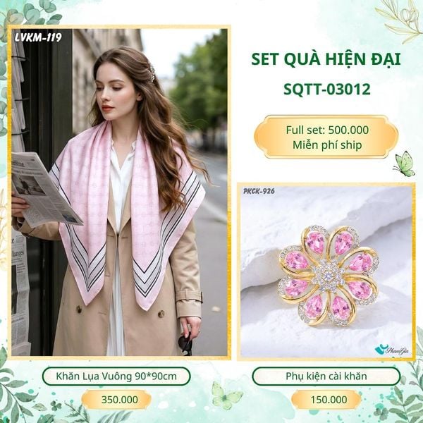 Set Quà Tặng Khăn Lụa Vuông 90*90cm Và Phụ Kiện Cài Khăn Hiện Đại (SQTT03012)