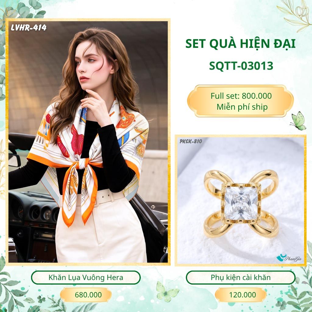 Set Quà Tặng Khăn Lụa Vuông 90*90cm Và Phụ Kiện Cài Khăn Hiện Đại (SQTT03013)