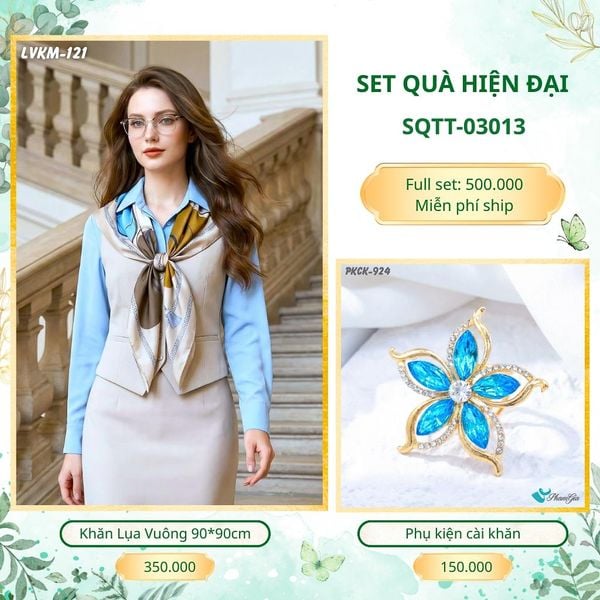 Set Quà Tặng Khăn Lụa Vuông 90*90cm Và Phụ Kiện Cài Khăn Hiện Đại (SQTT03013)