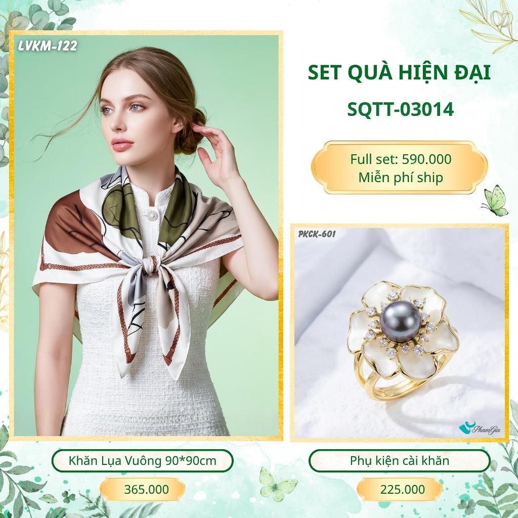 Set Quà Tặng Khăn Lụa Vuông 90*90cm Và Phụ Kiện Cài Khăn Hiện Đại (SQTT03014)