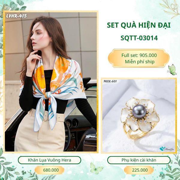 Set Quà Tặng Khăn Lụa Vuông 90*90cm Và Phụ Kiện Cài Khăn Hiện Đại (SQTT03014)