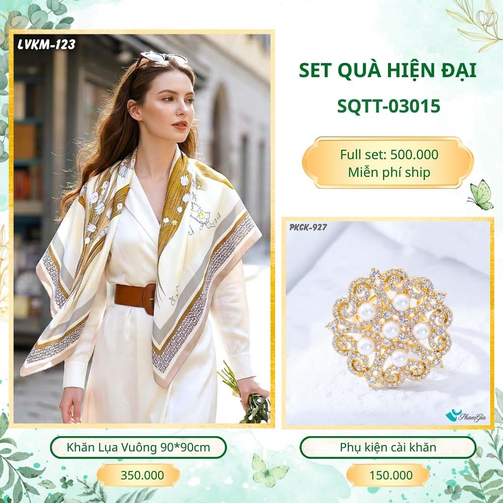 Set Quà Tặng Khăn Lụa Vuông 90*90cm Và Phụ Kiện Cài Khăn Hiện Đại (SQTT03015)