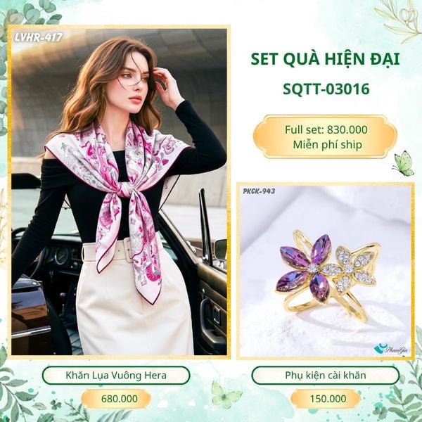 Set Quà Tặng Khăn Lụa Vuông 90*90cm Và Phụ Kiện Cài Khăn Hiện Đại (SQTT03016)