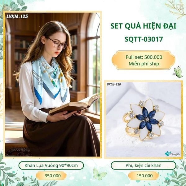 Set Quà Tặng Khăn Lụa Vuông 90*90cm Và Phụ Kiện Cài Khăn Hiện Đại (SQTT03017)