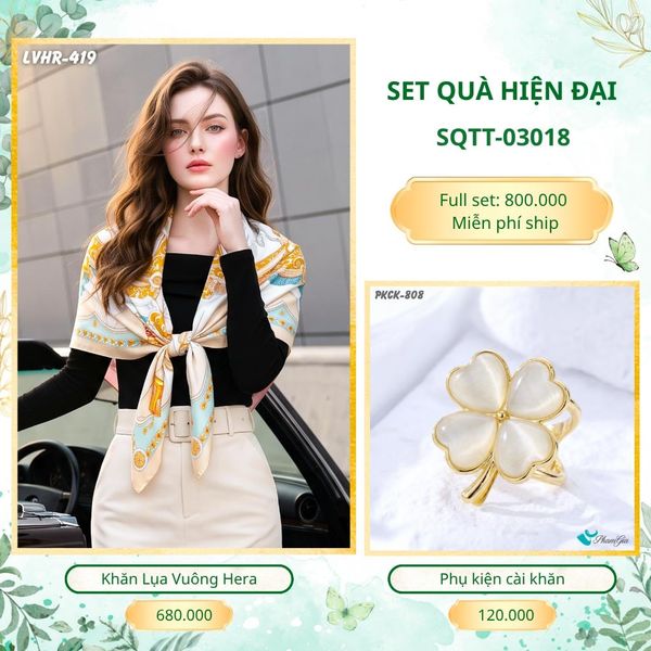 Set Quà Tặng Khăn Lụa Vuông 90*90cm Và Phụ Kiện Cài Khăn Hiện Đại (SQTT03018)