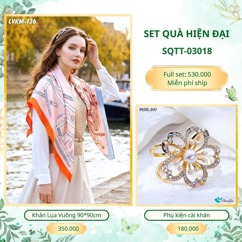 Set Quà Tặng Khăn Lụa Vuông 90*90cm Và Phụ Kiện Cài Khăn Hiện Đại (SQTT03018)