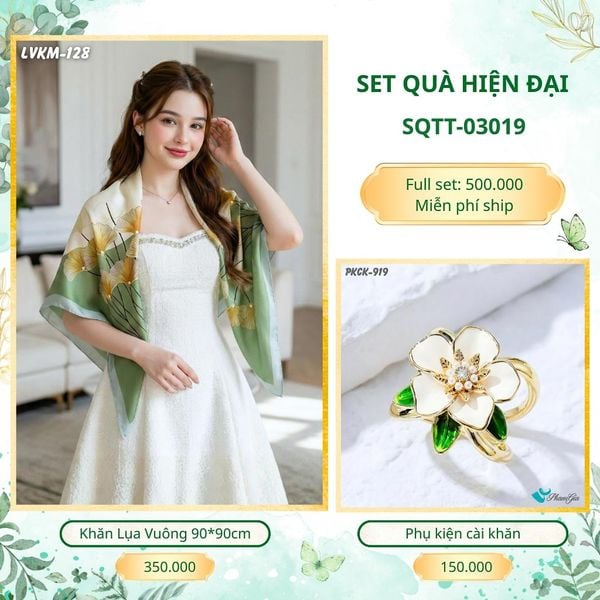 Set Quà Tặng Khăn Lụa Vuông 90*90cm Và Phụ Kiện Cài Khăn Hiện Đại (SQTT03019)