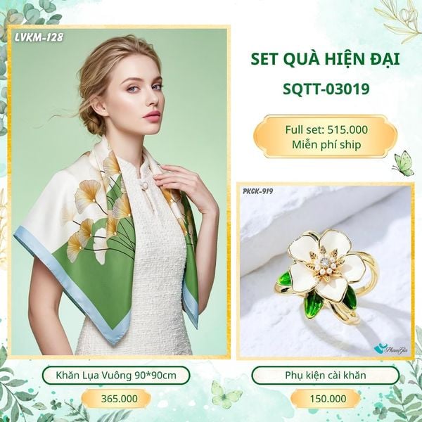 Set Quà Tặng Khăn Lụa Vuông 90*90cm Và Phụ Kiện Cài Khăn Hiện Đại (SQTT03019)