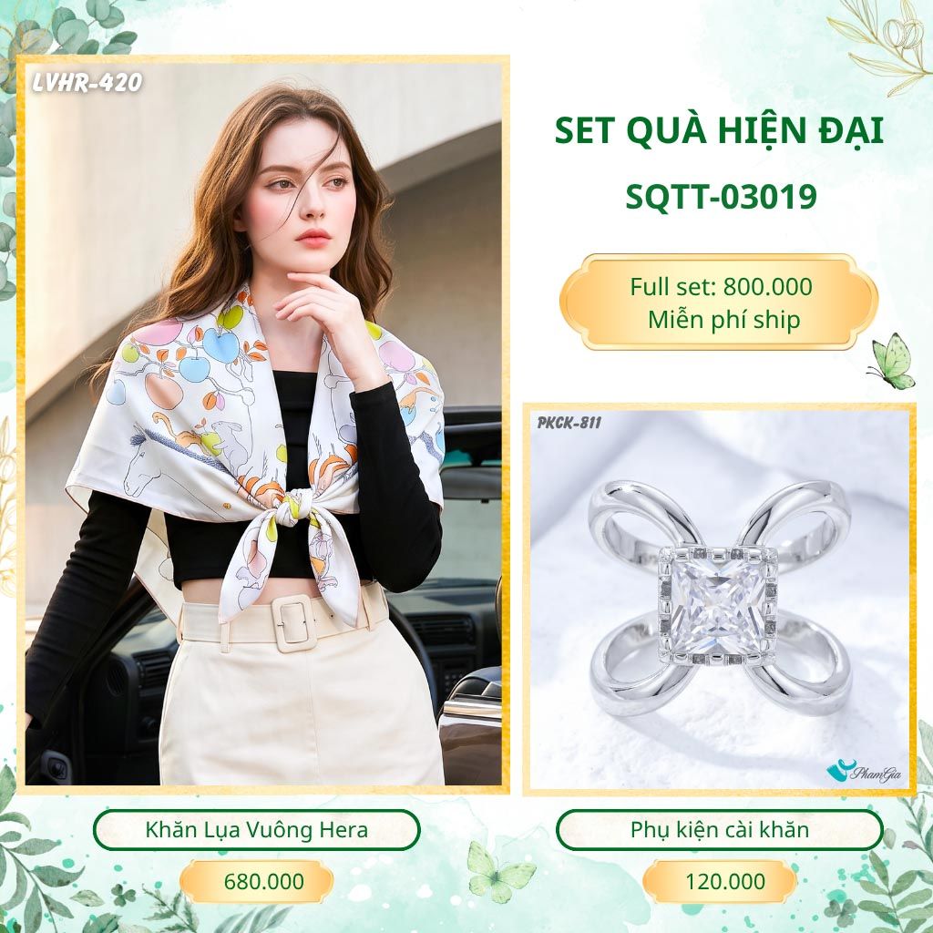 Set Quà Tặng Khăn Lụa Vuông 90*90cm Và Phụ Kiện Cài Khăn Hiện Đại (SQTT03019)