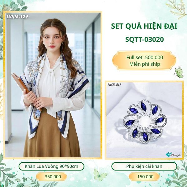 Set Quà Tặng Khăn Lụa Vuông 90*90cm Và Phụ Kiện Cài Khăn Hiện Đại (SQTT03020)